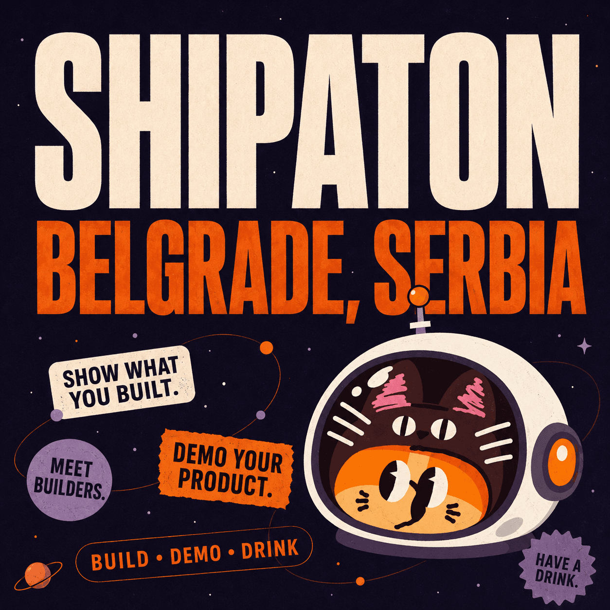Shipaton Belgrade event artwork featuring cats in a space helmet.