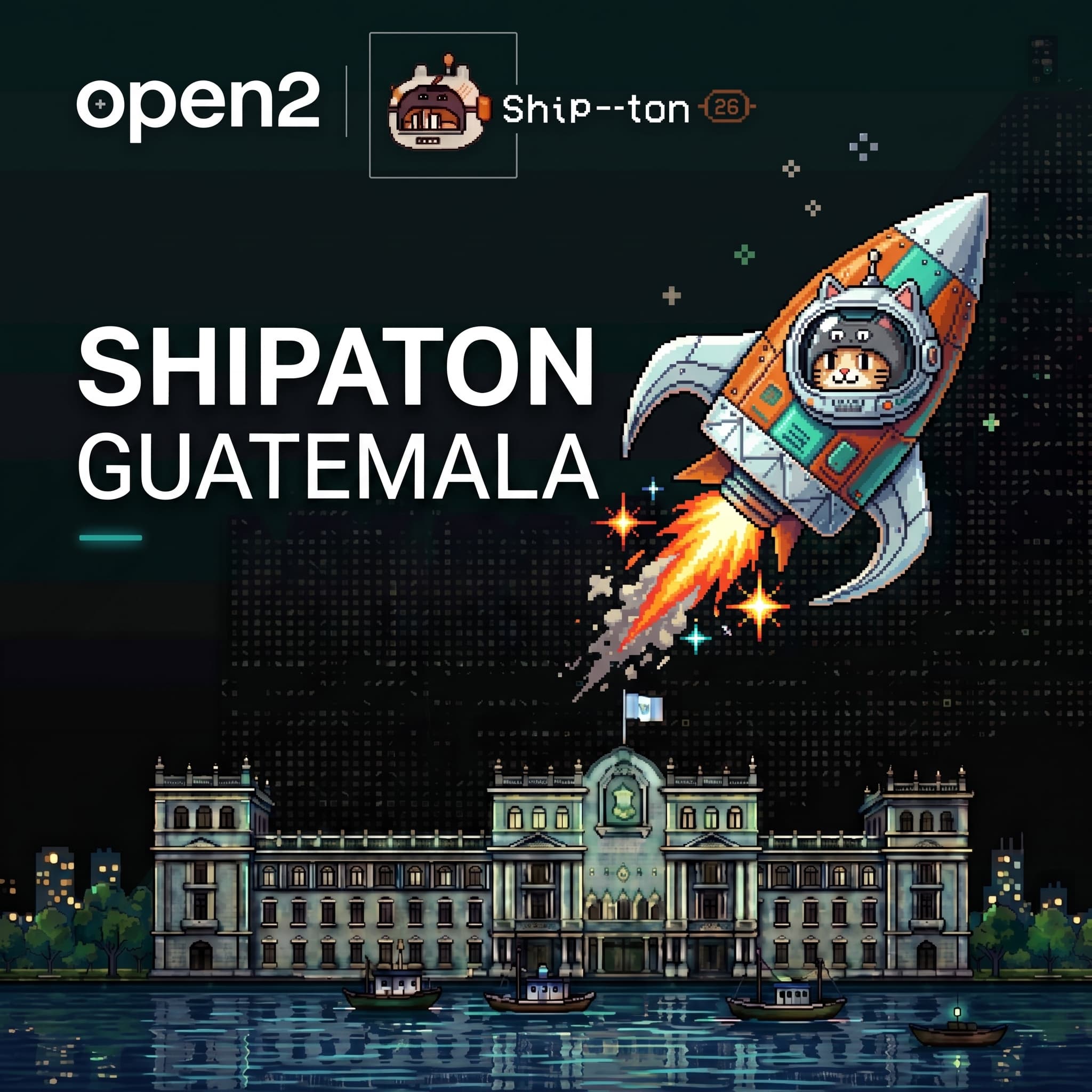 Shipaton Guatemala x Open2 artwork featuring an astronaut cat in a rocket above Guatemala City's National Palace.