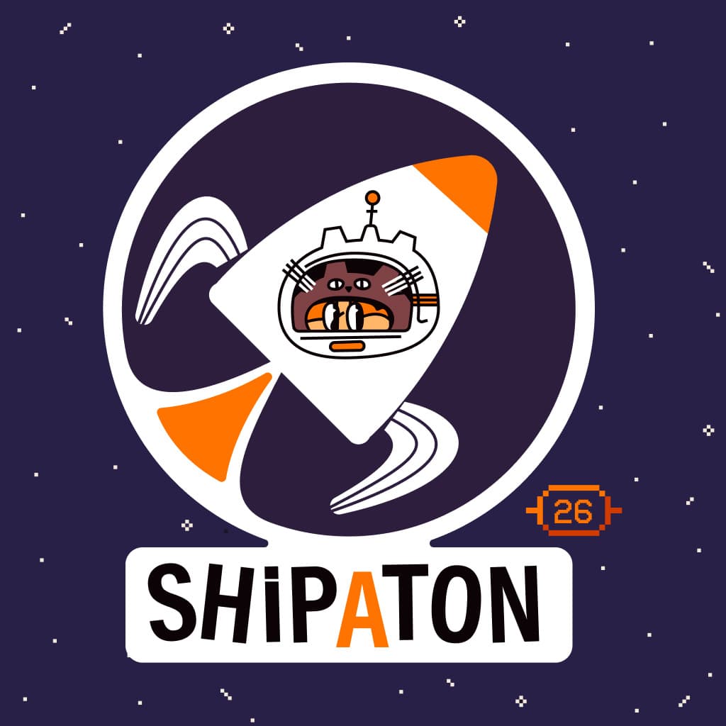 Shipaton 2026 artwork featuring an astronaut cat piloting a rocket.