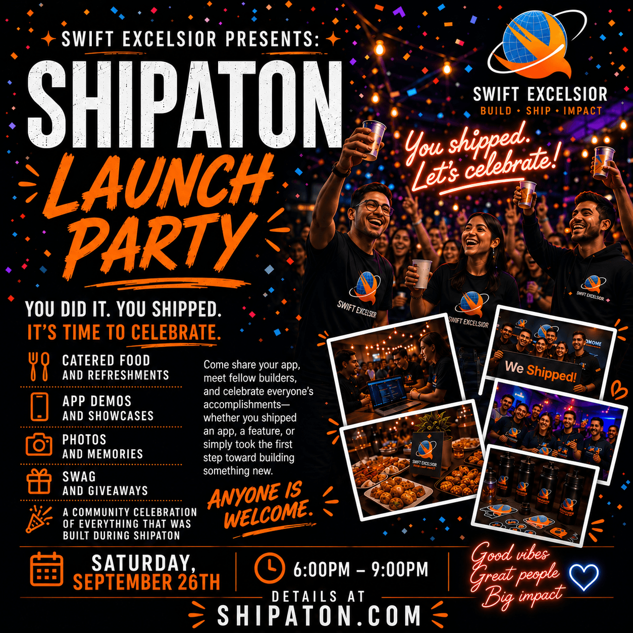 Swift Excelsior Shipaton launch party artwork with builders celebrating.
