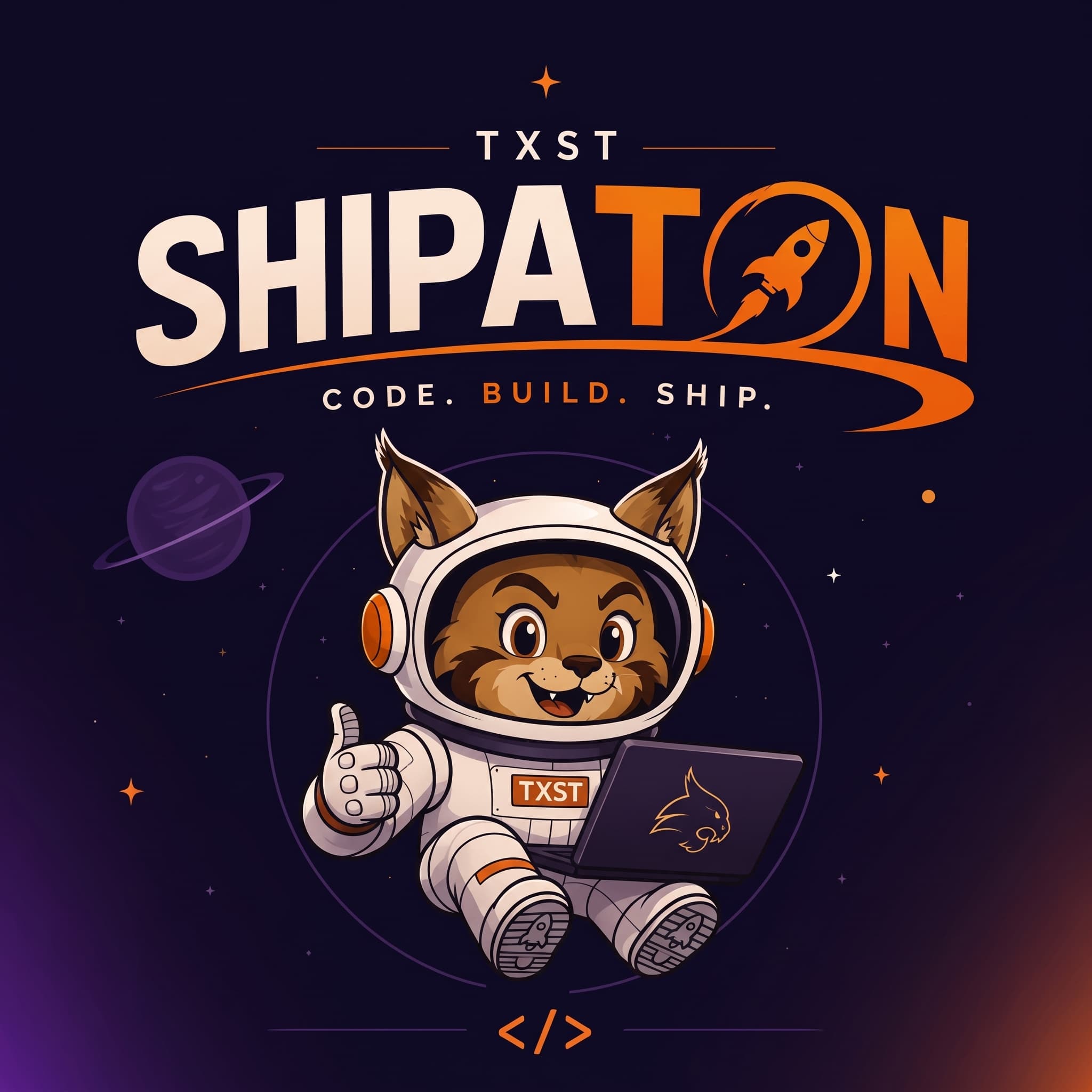 TXST Shipaton artwork featuring an astronaut bobcat holding a laptop beneath the words Code. Build. Ship.